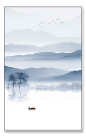 高清蓝色简约山水装饰画挂画