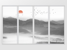 新中式抽象山水日出移门