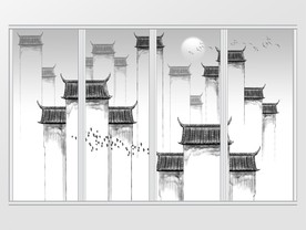 新中式手绘水墨江南建筑移门