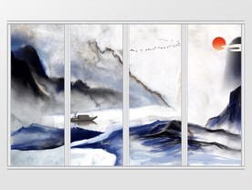 中式山峦流水小船移门