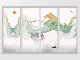 新中式彩色云雾麋鹿飞鸟移门