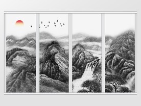 新中式水墨山水飞鸟移门