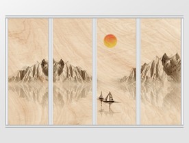 新中式水墨高清远山小船落日移门