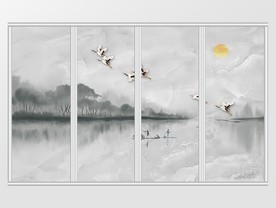 风景写意山水飞鸟渔船移门