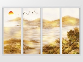 新中式金色山水飞鸟移门