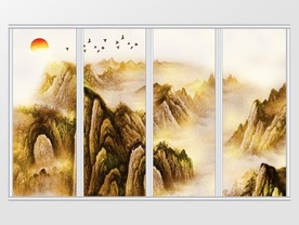 新中式金色山水风景唯美意境移门