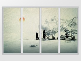 新中式诗意淡青朝阳山水小舟移门