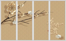 新中式立体树枝金色花朵白莲移门