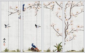 新中式手绘古风工笔花鸟移门