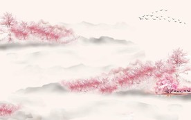 粉色树林水墨手绘飞鸟玄关屏风背