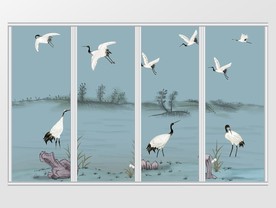 中式手绘池塘白鹤移门