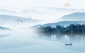 新中式蓝色创意水墨山水飞鸟树林