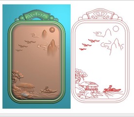 仿古牌头山水人物小船挂件精雕图