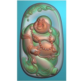 椭圆弥勒佛蝙蝠挂件精雕图浮雕图