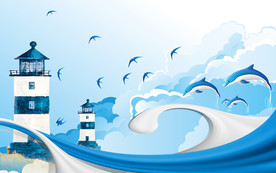 高清大海灯塔海豚电视背景墙