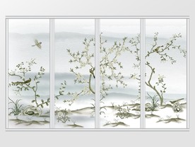 水墨山水背景花鸟移门