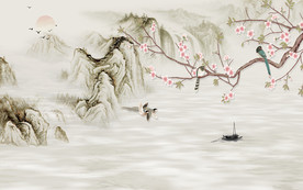 中式山水花鸟背景墙