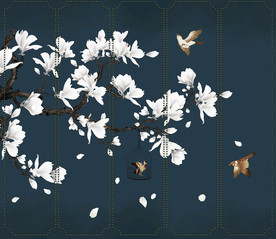 中式玉兰花鸟背景墙