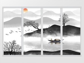 中式意境水墨山水画移门