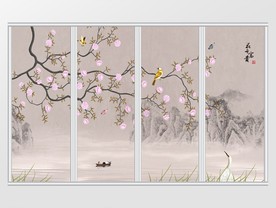 新中式山水花开富贵移门