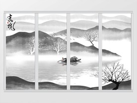 手绘新中式写意山水画移门
