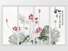 中式素雅水墨荷花荷叶移门