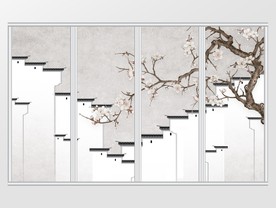 新中式写意桃花青瓦白墙移门