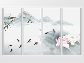 新中式水墨淡雅山水荷花移门