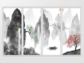 新中式水墨山峰瀑布山水画移门