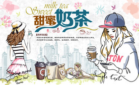 手绘时尚女孩奶茶背景