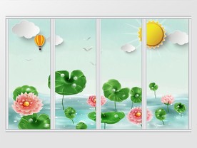 夏日清爽荷叶池塘移门