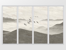 新中式水墨高山飞鸟意境移门