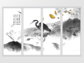 禅意金色白鹭山水蝴蝶移门