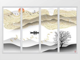新中式抽象线条山水画移门