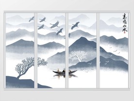 新中式禅意意境山水画移门