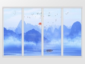 新中式水墨山水飞鸟移门