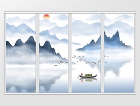 新中式蓝色水墨山水移门