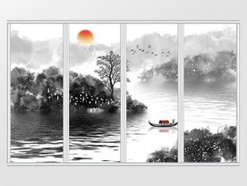 新中式手绘写意山水画移门