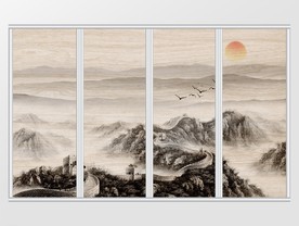 新中式水墨长城远山太阳移门