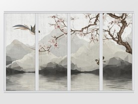 新中式意境手绘山水花鸟移门