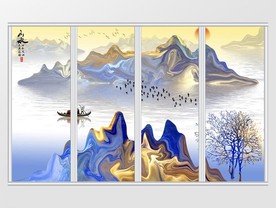 中式炫彩写意山水画移门