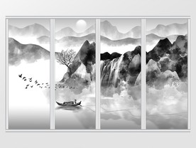 新中式瀑布山水画移门