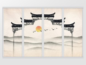 写意徽派远山飞鸟太阳移门