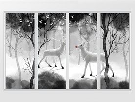 北欧手绘水墨抽象麋鹿森林移门