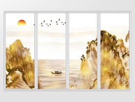 金色新中式山水飞鸟移门