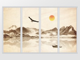 新中式诗意飞鹰小舟远山太阳移门