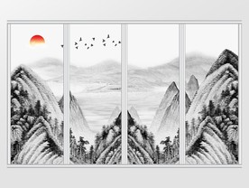 新中式高山水墨飞鸟移门