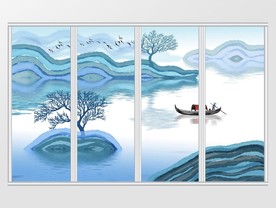 新中式蓝色意境水墨山水移门