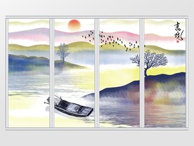 新中式小船风景水墨山水画移门