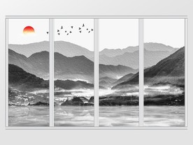新中式远山飞鸟水墨山水移门